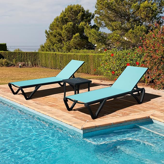 Domi Pool Lounge Chairs Set of 2 with Side Table, Aluminum Adjustable Outdoor Chaise Lounge with Wheels, All Weather Poolside Chairs for Deck Lawn Patio Backyard, Textilene- Turquoise Blue