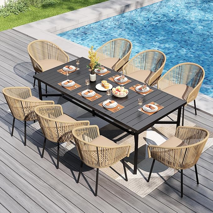 PHI VILLA 9 Pieces Outdoor Dining Set for 8, 83" Long Rectangle Wrought Iron Table with Umbrella Hole & Cushioned Brown Wicker Chairs, Modern Outside Furniture for Patio, Deck, Backyard, Porch