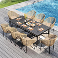 PHI VILLA 9 Pieces Outdoor Dining Set for 8, 83" Long Rectangle Wrought Iron Table with Umbrella Hole & Cushioned Brown Wicker Chairs, Modern Outside Furniture for Patio, Deck, Backyard, Porch