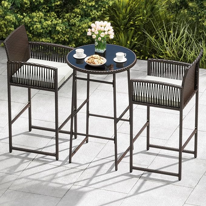Tangkula 3 Piece Patio Bar Set, Outdoor Wicker Bar Height Glass Top Table & 2 Cushioned Bartools Heavy Duty, for Backyard, Poolside, Porch