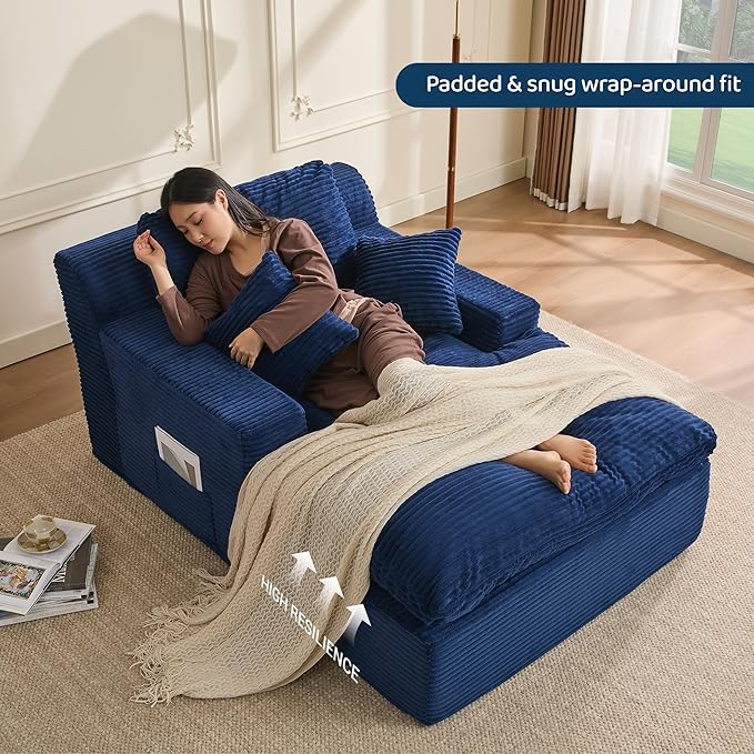 63" Chaise Lounge Chair Indoor, Set of Convertible Sleeper Sofa Couch with Throw Pillows & Side Pockets, Corduroy Upholstered Oversized Sofa Bed with Armrests for Living Room Bedroom, Blue