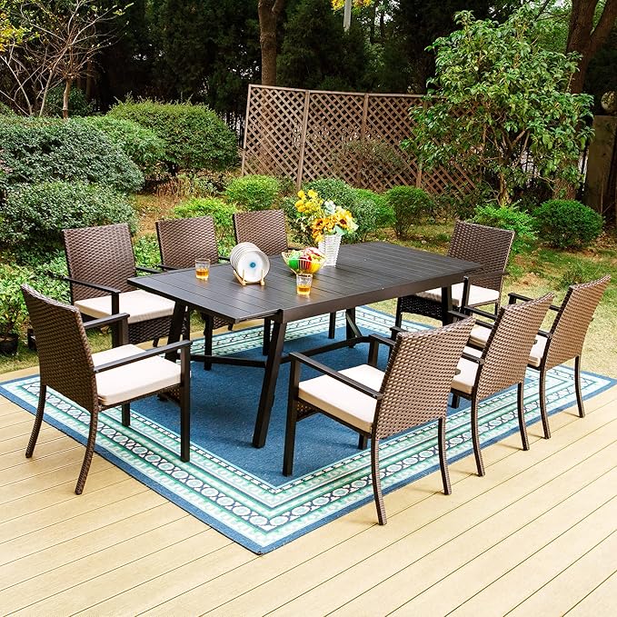PHI VILLA 9 Piece Outdoor Dining Table Set for 8, Expandable Rectangular Iron Dining Table & Rattan Wicker Chairs with Cushions, Large Dining Furniture Set for Patio, Deck, Yard