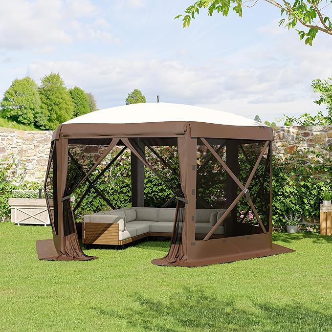 13x13FT 6-Sided Pop Up Gazebo Tent，One-Push Setup Canopy Tent with Removable Canopy Top & Wind Cloths, Outdoor shelter for Camping, Backyard Parties, Outdoor Events - Beige & Khaki