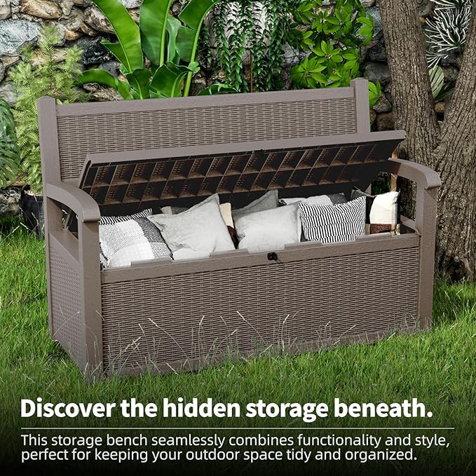 80 Gallon Outdoor Storage Bench Deck Box Waterproof Lockable,Outdoor Storage Furniture for Patio,Garden and Cushions(Gray)