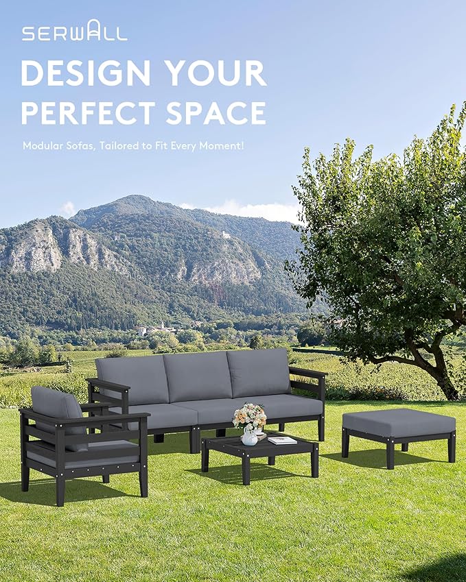 SERWALL HDPE Patio Furniture Set, 10 Pieces Outdoor Sectional Sofa Set, All-Weather Wood-Like Outdoor Sofa Couch with Coffee Table for Deck, Lawn, Black Frame with Grey Cushion