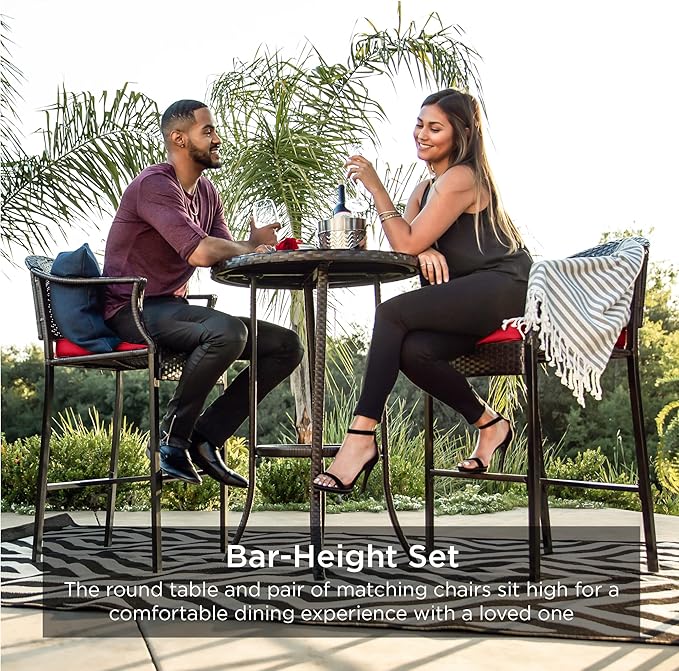 Best Choice Products 3-Piece Patio Bar Table Set, Outdoor Wicker Bar Height Bistro Furniture for Backyard, Poolside, Balcony w/Barstools, Cushions, Steel Frame – Brown/Red
