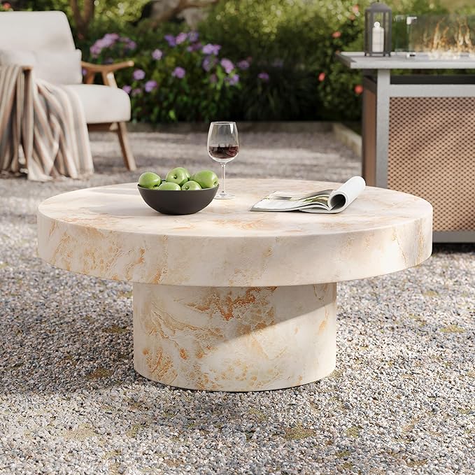 Modway Alora Round Concrete Coffee Table with Faux Stone Finish in Honey Onyx - Cement Accent Table for Living Room - Stone Patio Center Table - Indoor Outdoor 34 Inch Low Coffee Table