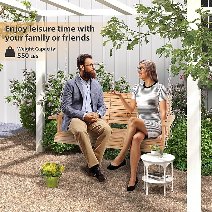 Tangkula 2 Person Hanging Porch Swing, Outdoor Bench Swing with Adjustable Chains, Foldable Cup Holders, High Back, Cozy Armrests, Wooden Hanging Swing Chair for Backyard Deck Garden Natural