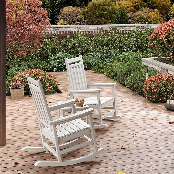HDPE Rocking Chair Outdoor Set of 4 with 2 Side Table - Poly High Back Porch Rocker Chairs for Adults - All Weather Resistant Furniture for Patio Front Porch - White