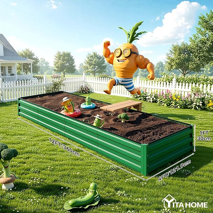 YITAHOME 6pcs 12x4x1 ft Galvanized Raised Garden Bed Kit, Large Metal Planter Box with Gloves, Safety Rubber & Support Rod, Outdoor Flower Bed for Plants Vegetables, Black