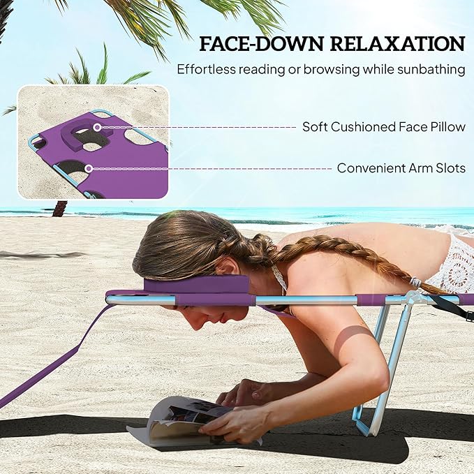Outsunny Chaise Lounge Chair Outdoor with Face Arm Hole, 5-Position Reclining Face Down Tanning Chair with Carry Strap, Side Pocket, Portable Folding Bed Cot for Patio Beach Pool, Purple