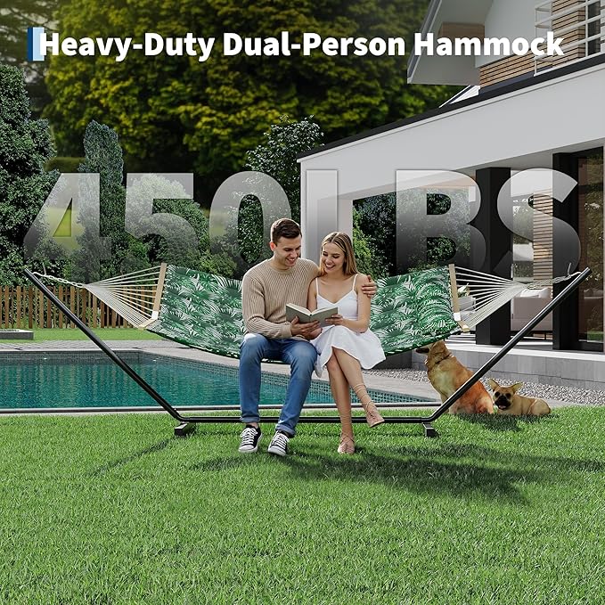Portable 2 Person Double Hammock with Sturdy Heavy-Duty Steel Stand – 450LBS Max Load, Quick & Effortless Assembly, Perfect for Indoor Living, Yard, Patio & Camping Trips