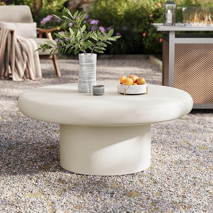 Modway Argos Round Concrete Coffee Table in White - Cement Low Coffee Table for Sitting on The Floor - Weather Resistant Stone Patio Coffee Table - Indoor Outdoor 34 Inch Center Table