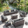 ALAULM 10 Pieces Patio Furniture Set with Propane Fire Pit Table Outdoor Sectional Sofa Sets Patio Furniture 43" Gas Fire Pit Brown PE Rattan Patio Conversation Set w/8 Seat Cushions (Grey)