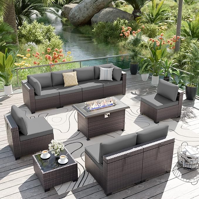 ALAULM 10 Pieces Patio Furniture Set with Propane Fire Pit Table Outdoor Sectional Sofa Sets Patio Furniture 43" Gas Fire Pit Brown PE Rattan Patio Conversation Set w/8 Seat Cushions (Grey)