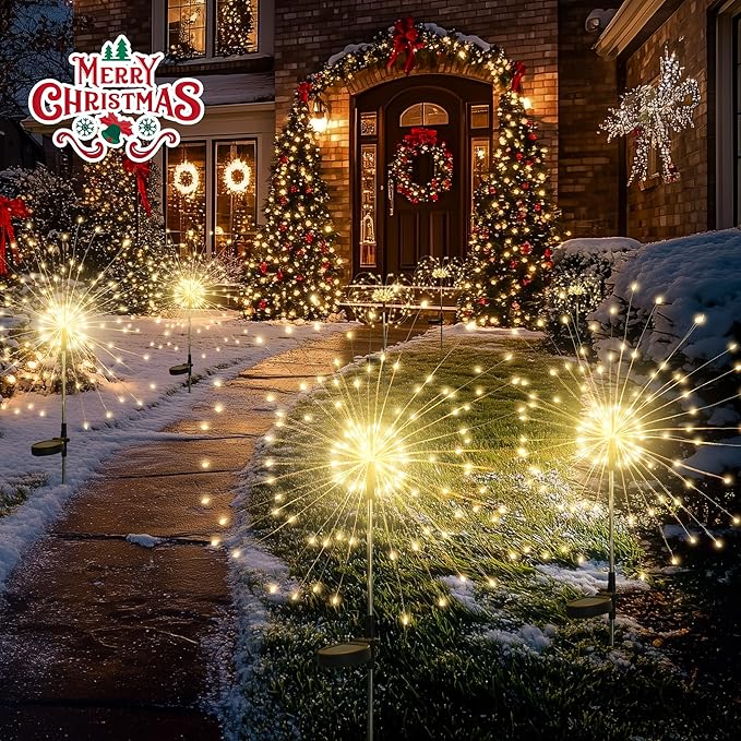 GIGALUMI Garden Decor Outdoor Lights 120LED 8Pack, Solar Garden Lights for Christmas Outside Fairy Firework Decorative,Solar Powered for Yard Pathway Flowerbed Planter Balcony Patio Decor (Warm White
