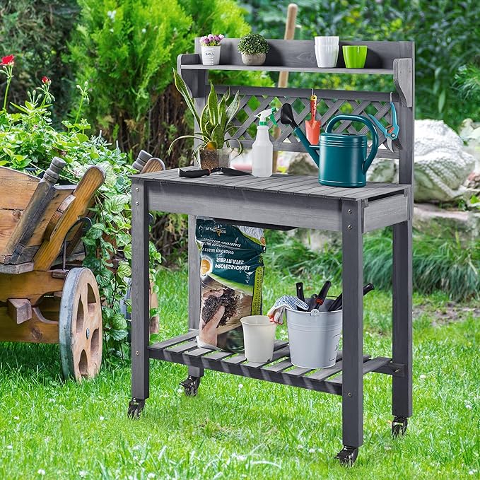 Yaheetech Potting Bench Table Outdoor Garden Potting Table Wooden Workstation w/Sliding Tabletop Removable Sink w/Storage Shelf Flower Pot Bench Mobile Garden Potting Bench Gray