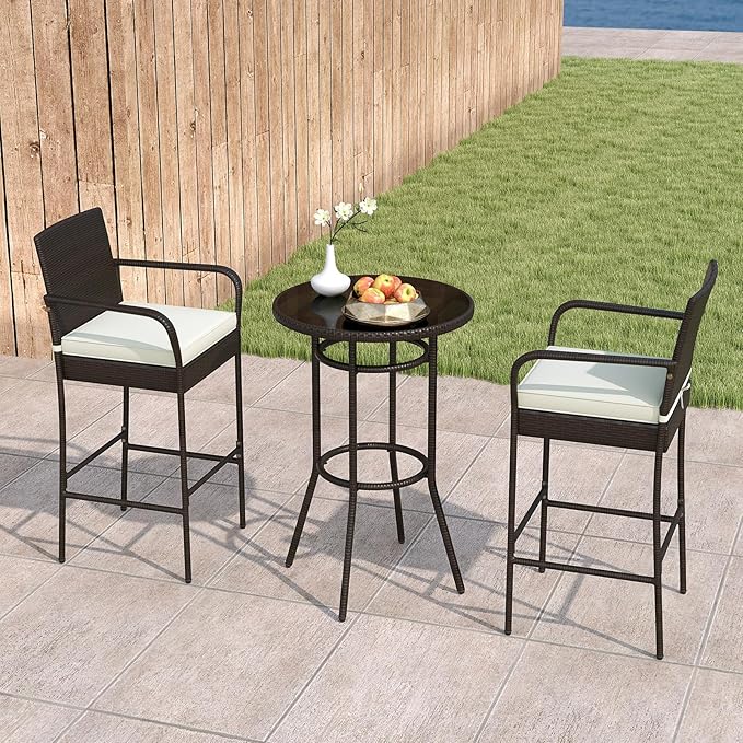Tangkula 3 Piece Outdoor Bar Set, Patio Rattan Heavy Duty Bar Height Glass Top Table & Chairs w/ 2 Cushioned Barstools, for Porch, Yard, Poolside