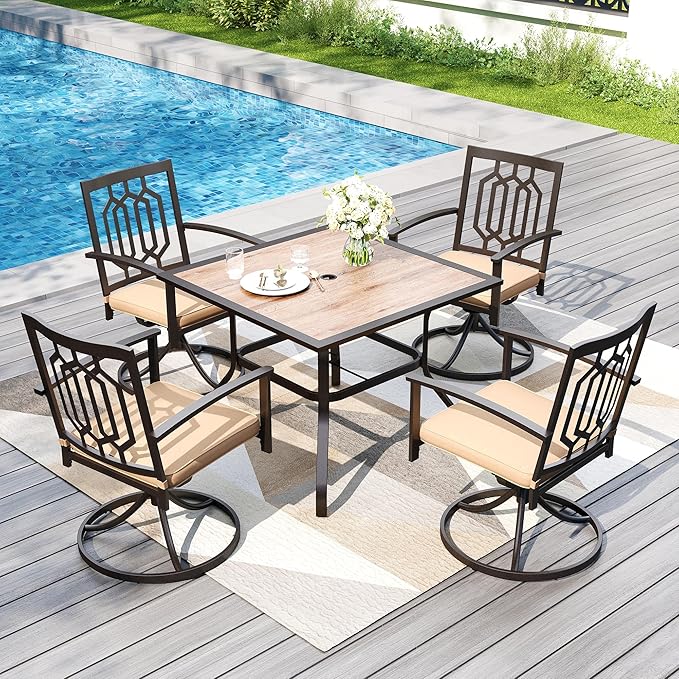 PHI VILLA 5 Pieces Outdoor Dining Set for 4, 37” Square Wrought Iron Table with Ploywood Tabletop & Swivel Metal Steel Chairs with Cushions, Outside Furniture Set for Patio, Porch, Deck, Backyard