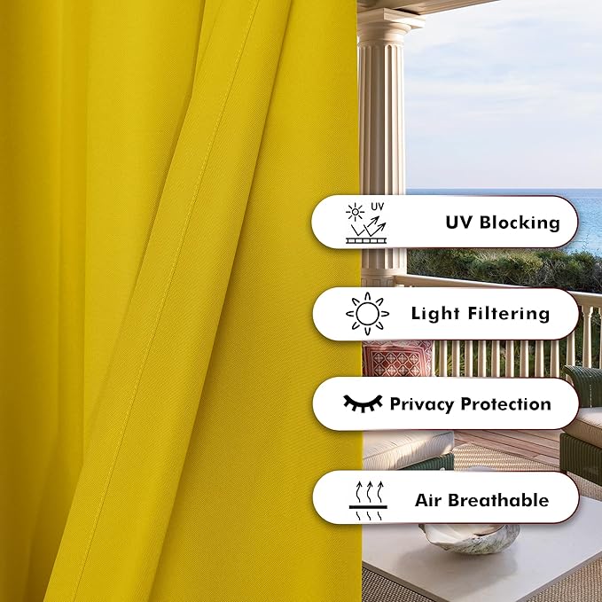 BONZER Outdoor Curtains for Patio Waterproof Thick Privacy Grommet Light Filtering Outside Curtains for Porch Pergola Gazebo Deck, 1 Panel, 84W x 108L inch, Yellow