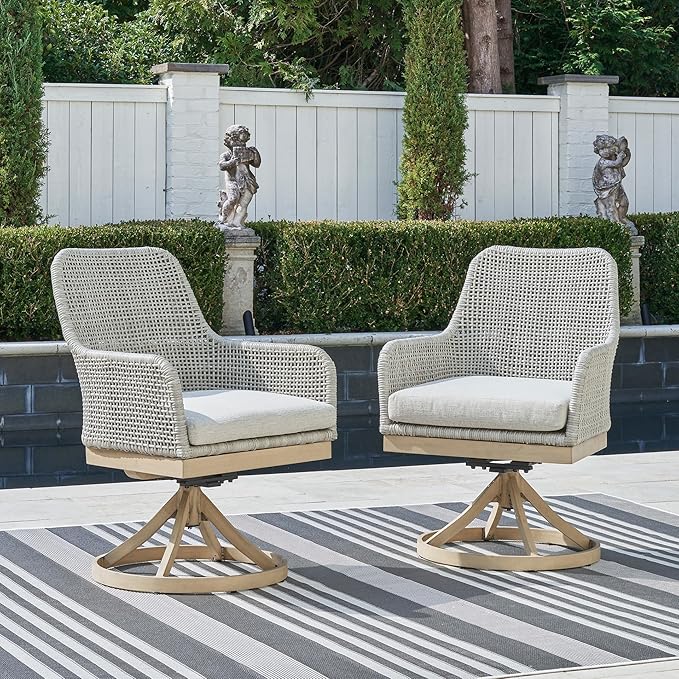 Signature Design by Ashley Seton Creek Cottage Nuvella Weather Resistant Fabric Outdoor Swivel Dining Chair with Cushion, Set of 2, Light Brown & Light Gray