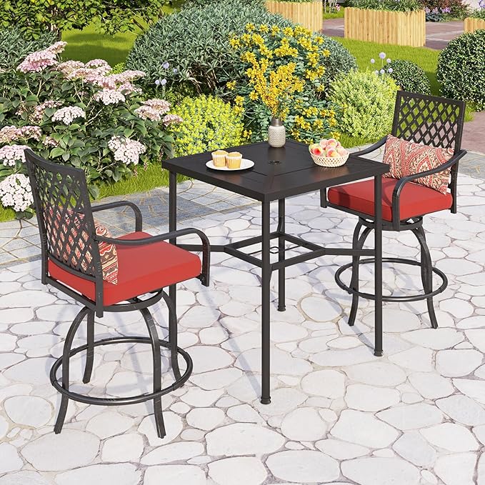 PHI VILLA 5 Piece Outdoor Bar Furniture Set, Counter-Height Patio Bistro Table & Swivel Bar Stools Chairs with Red Cushion for Garden, Backyard, Deck
