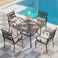 PHI VILLA 5 Pieces Outdoor Dining Set for 4, 37" Square Black Metal Table with Umbrella Hole & Wrought Iron Chairs, All Weather Large Outside Furniture with Cushions & Pillows for Patio, Deck, Porch