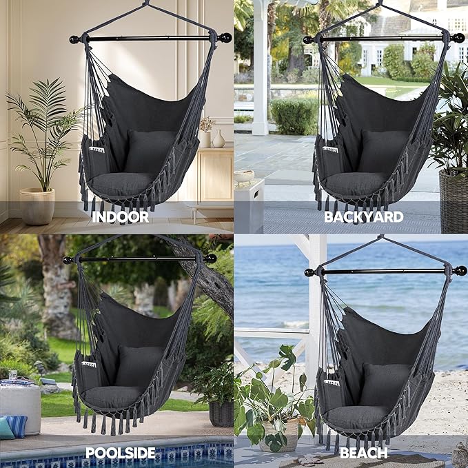 SUNCREAT Hammock Chairs Hammock Chair Swing with Steel Support Bar, Side Pocket, Large Swing Chair for Bedroom, Patio, Garden, Dark Gray