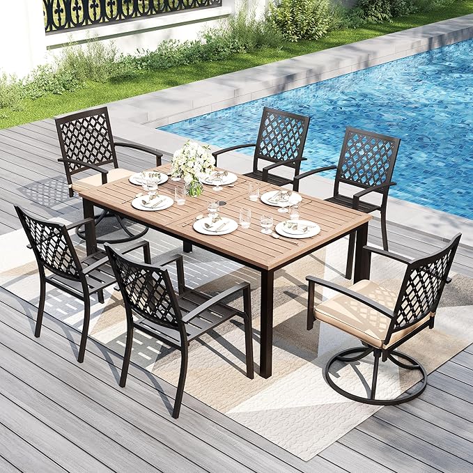 PHI VILLA 7 Pieces Outdoor Dining Set for 6, 65” Wood-Like Steel Table with Umbrella Hole & Fixed/Swivel Chairs Combo with Cushions, Modern Wrought Iron Furniture for Patio, Deck, Yard, Porch