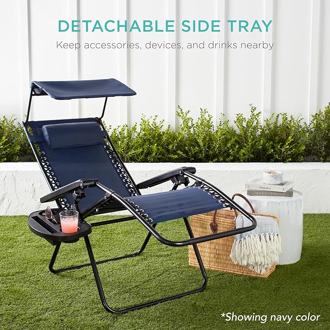 Best Choice Products Folding Zero Gravity Outdoor Recliner Patio Lounge Chair w/Adjustable Canopy Shade, Headrest, Side Accessory Tray, Textilene Mesh - Carnation