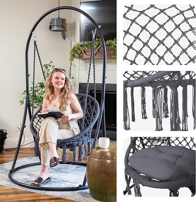 SUNCREAT Indoor Hammock Swing Chair with Stand, Hanging Chair Outdoor with Stand, 330 lbs Capacity, Patent Pending, Grey