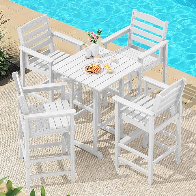 SERWALL 5 Pieces Adirondack Bar Chairs Set, HDPE Adirondack Barstools Chairs with Bar Pub Table, Outdoor Patio Bar Furniture Set for Bistro, Balcony, Poolside, Garden, White