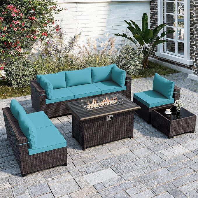 ALAULM Patio Furniture Set with Fire Pit Table 55000 BTU, Outdoor Sectional with Wide Seat and Thick Cushion, 8 Piece Wicker Rattan Conversation Set with Coffee Table for Garden, Deck, Turquoise