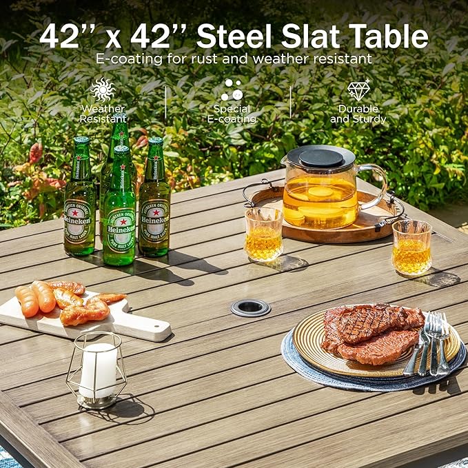 PHI VILLA 5 Pieces Outdoor Dining Set for 4, 42" Square Brown Metal Table with Umbrella Hole & Wrought Iron Chairs, All Weather Outside Furniture with Blue Cushions & Pillows for Patio, Deck, Porch