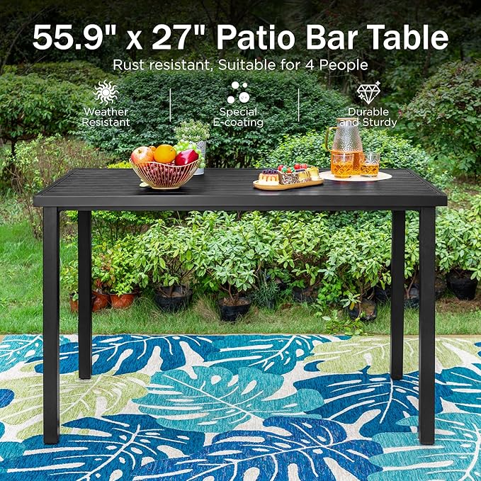 PHI VILLA 5 Piece Patio Bar Height Dining Set, 4 Outdoor Counter Height Swivel Bar Stools with Red Cushion and 1 Long 4-6 Person Metal High Top Bar Table for All Weather