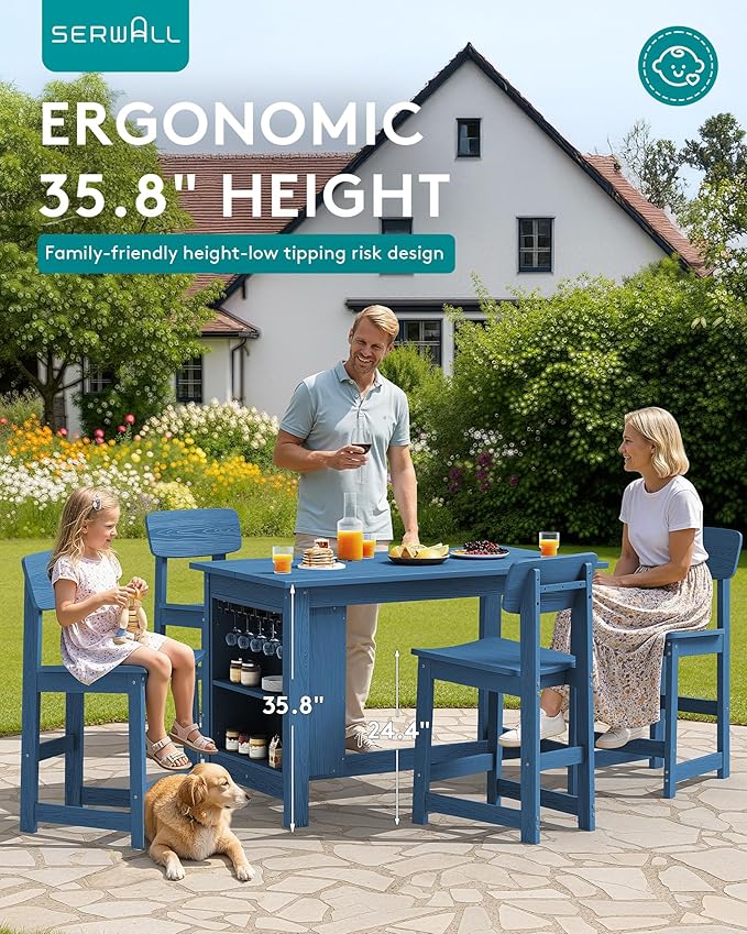 SERWALL Outdoor Bar Stools Set of 2, All Weather HDPE 25" Counter Height Bar Stools with Back, Outdoor Armless Barstools for Patio, Garden, Backyard, Balcony, Poolside, Blue