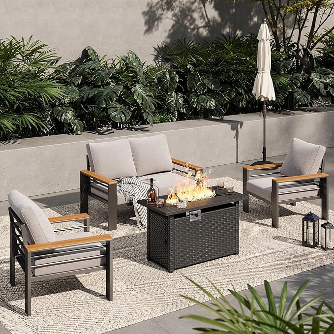 Aoxun Aluminum Outdoor Patio Furniture Set, 5-Piece Outdoor Sectional with 44'' Propane Gas Firepit Table, Patio Conversation Sets with Upgraded Armrests and Cushions for Backyard (Grey,4 Seats)