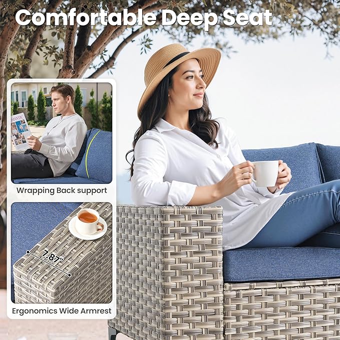 ovios 8-Piece Patio Furniture Set with L-Shape Sofa Chaise, Outdoor Sectional Couch Swivel Gliders Solar Table, Modern Modular Wicker Rattan Conversation Set, Denim Blue