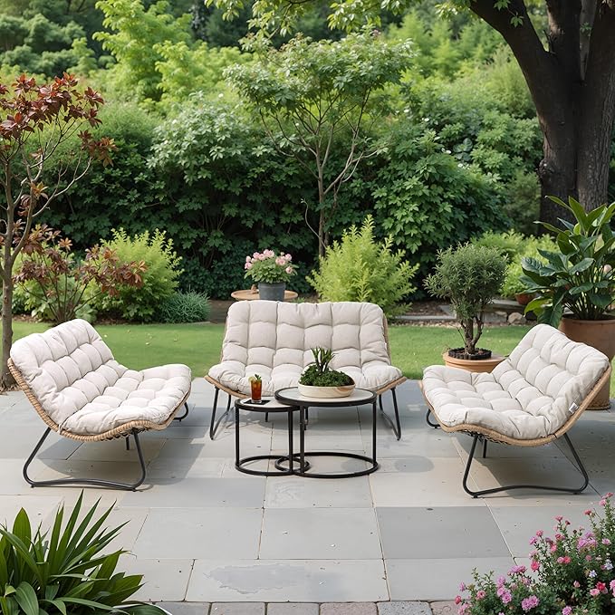 Crestlive Products Outdoor Loveseat 3PCS, Outdoor Sofa Set, All-Weather Boho Rattan Patio Furniture with Soft Cushion for Balcony, Poolside, Backyard (Without Table)