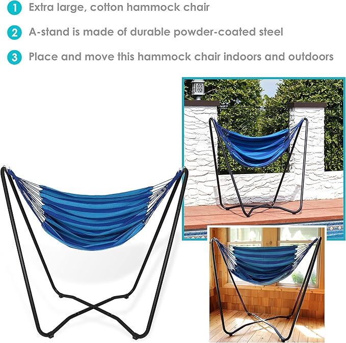 Sunnydaze Hanging Hammock Chair with Space-Saving Stand for Indoor or Outdoor Use - 330-Pound Capacity - Beach Oasis