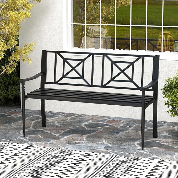 Giantex Metal Outdoor Bench with Backrest, Curved Armrests, Non-Slip Foot Pads, Slatted Seat for 2-3 Persons, Load 660lbs, Loveseat, Patio Bench for Garden, Yard, Poolside, Lawn, Porch, Park, Black