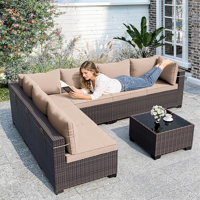 ALAULM Patio Furniture Set with Coffee Table, 7 Pieces Outdoor Sectional with Wide Seat and Thick Cushion, All Weather Wicker Rattan Conversation Set for Backyard, Garden, Deck, Sand