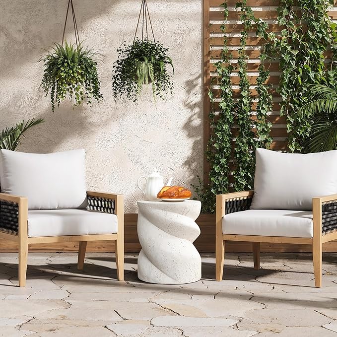 LuxenHome Outdoor Side Table, 19” MgO Accent Table for Patio, Distressed Round Spiral End Tables, Outdoor Concrete Side Tables for Porch, Backyard, Outside, Drum Table, Plant Stand, Ivory