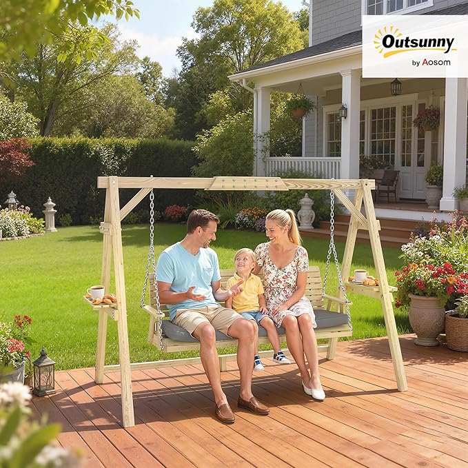 Outsunny 3 Seat Porch Swing with Stand, Wooden Patio Swing Chair with Cushion, Side Trays and Metal Chains, Outdoor Bench for Garden, Poolside, Backyard, Natural Wood