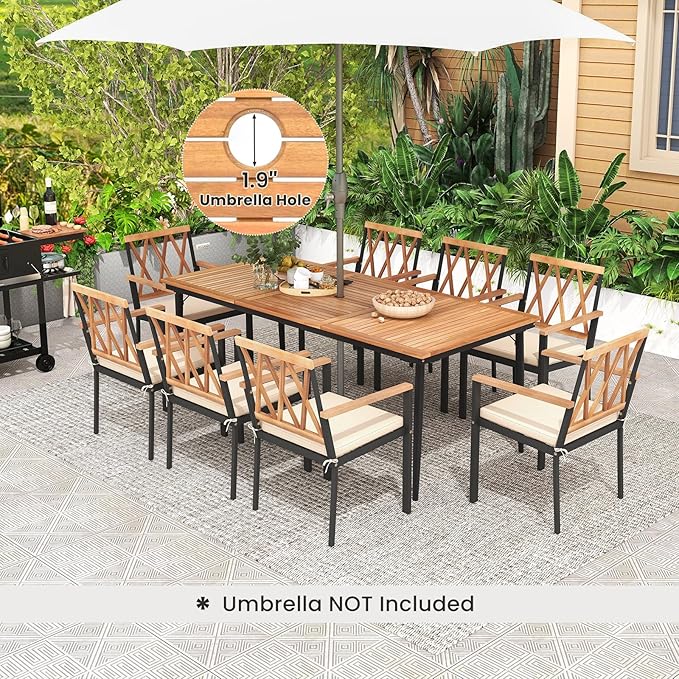 Tangkula 9-Piece Patio Dining Set, Outdoor Acacia Wood Dining Table with 1.9" Umbrella Hole& 8 Dining Chairs with Cross Hollow Back and Seat Cushions, for Garden, Porch, Deck, Natural