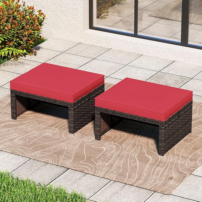 Tangkula 2 Pieces Patio PE Rattan Ottomans, Multipurpose Outdoor Footstool Footrest Additional Seating Side Table with Soft Zippered Cushions for Deck, Garden, Poolside and Yard (Red)