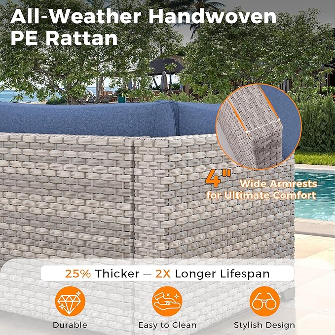 6-Seat Modular Patio Furniture Set – Outdoor Wicker Sectional Sofa with Thick 4″ Cushions, Dual-Strand PE Rattan, Rust-Resistant 18 mm Steel Frame, Backyard Garden Deck Lounge,Navy