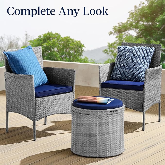 Best Choice Products Round Wicker Ottoman, Multipurpose Outdoor Furniture for Patio, Backyard, Additional Seating, Footrest, Side Table w/Storage, Removable Cushions – Gray/Navy