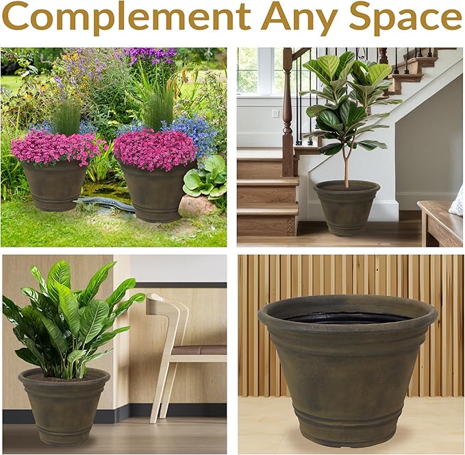Sunnydaze 20-Inch Franklin Large Plant Pot - Polyresin Round Outdoor Planter with Drillable Drainage Hole - 4 Pack - Sable