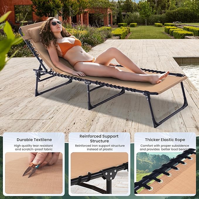 Folding Chaise Lounge Chair - 400lb Capacity, 5-Position Adjustable Recliner with Pillow | Portable for Patio, Pool, Camping & Sunbathing (Beige)